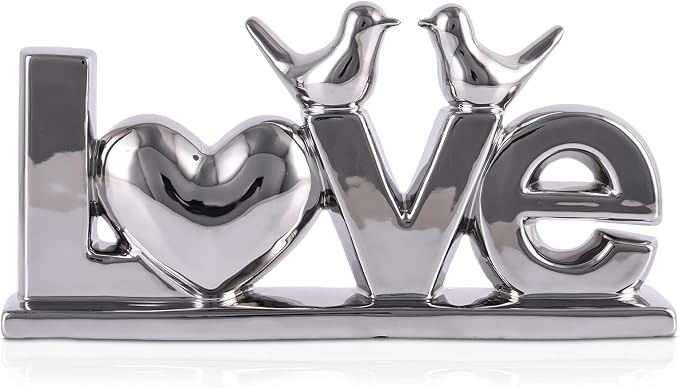 LOVE Sign Statue with Gold Birds | Ceramic Home Decor