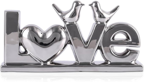 LOVE Sign Statue with Gold Birds | Ceramic Home Decor