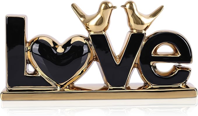 LOVE Sign Statue with Gold Birds | Ceramic Home Decor