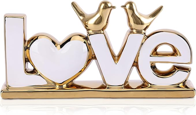 LOVE Sign Statue with Gold Birds | Ceramic Home Decor