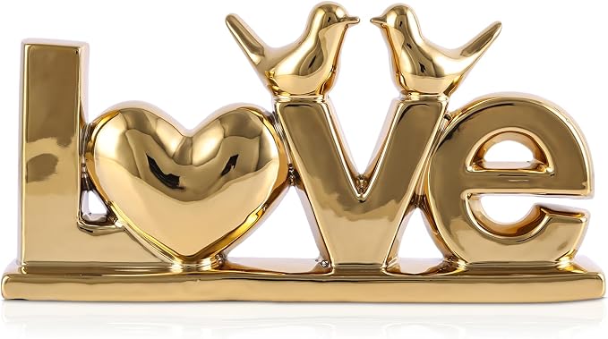 LOVE Sign Statue with Gold Birds | Ceramic Home Decor