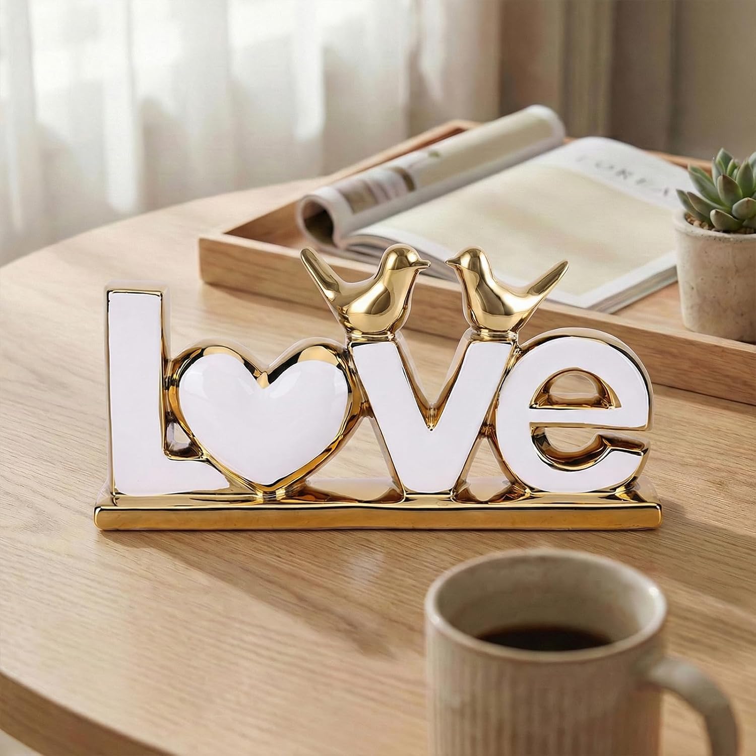 LOVE Sign Statue with Gold Birds | Ceramic Home Decor