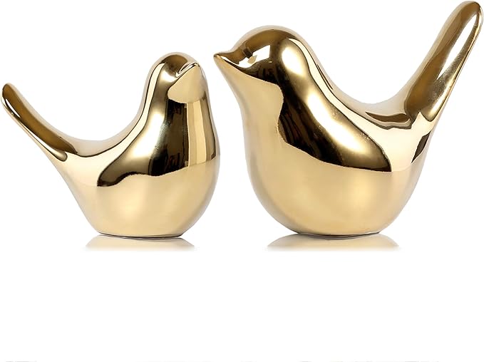 Gold Bird Statues Set of 2 | Ceramic Home Decor