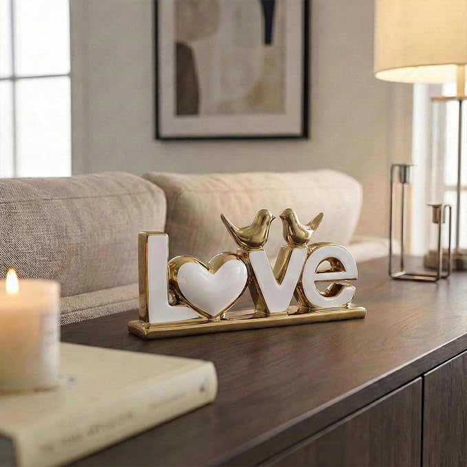 LOVE Sign Statue with Gold Birds | Ceramic Home Decor