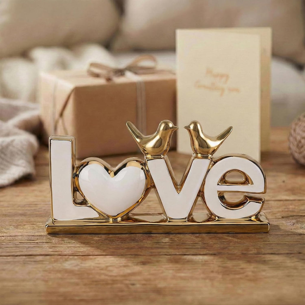 LOVE Sign Statue with Gold Birds | Ceramic Home Decor